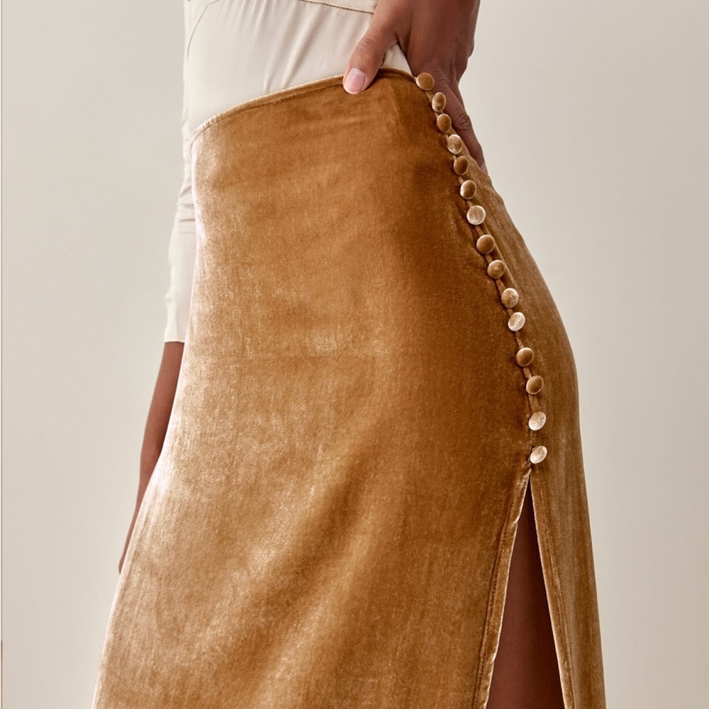 Reformation Gold Velvet Midi Skirt with Side Buttons - Picture 4 of 6